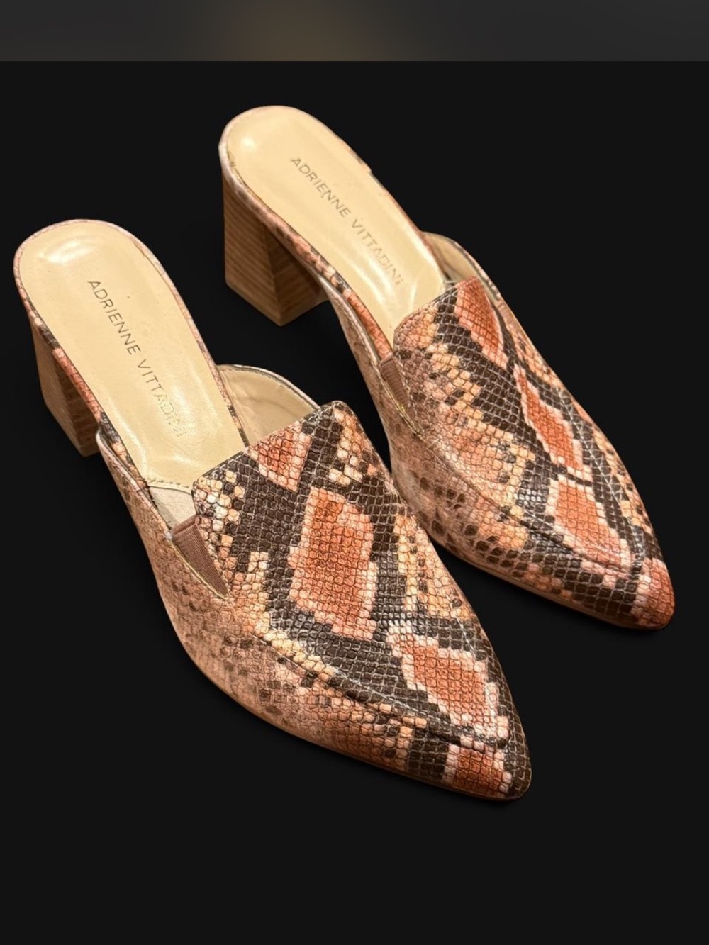 Adrienne Vittadini Tan Pink Brown Snake-Print Pointed Block Heel Mules